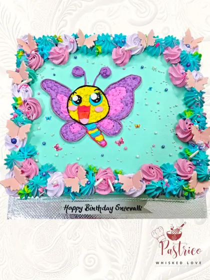 A cheerful, square butterfly cake with colourful piping, perfect for a big birthday bash.