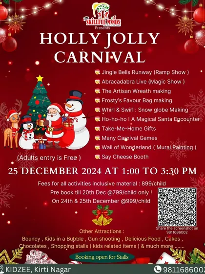 Join us for a day of festive fun at the Holly Jolly Carnival. This poster lists all the inclusions, from a ramp show and magic show to DIY crafts and a visit from Santa.