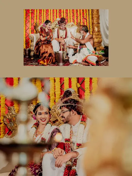 A collage of candid moments from the wedding ceremony, capturing the couple's smiles and the lively atmosphere.
