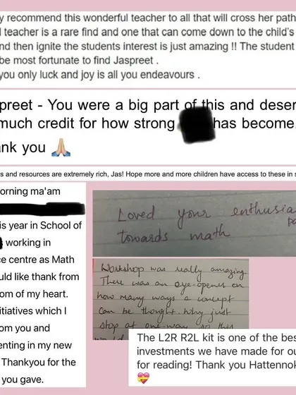 A collection of testimonials from various parents and educators. Comments like 'The L2R R2L kit is one of the best investments' and 'Loved your enthusiasm & passion towards math' reinforce the value of my work.