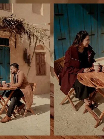 A diptych of the couple enjoying their coffee, capturing their conversation and connection.