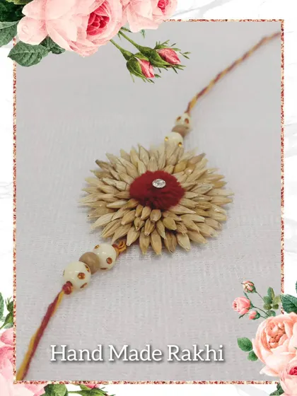 An eco-friendly rakhi made from natural fibers. Our workshops also explore sustainable and environmentally friendly crafting options.