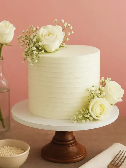 Minimalist design, maximum love. This simple and elegant single-tier cake with fresh white roses is perfect for an intimate engagement celebration or anniversary.