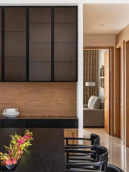 A glimpse into the living spaces of Apartment 3201, highlighting the custom cabinetry and clean, modern lines.