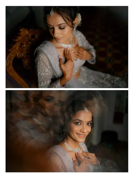 A collage of artistic bridal portraits, using reflections and motion blur to create a dreamy and ethereal look.