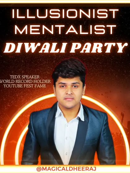 This is a promotional poster for my Diwali party bookings. I offer specialized entertainment packages for corporate and private events during festive seasons, combining illusion and mentalism to make your celebration unique.
