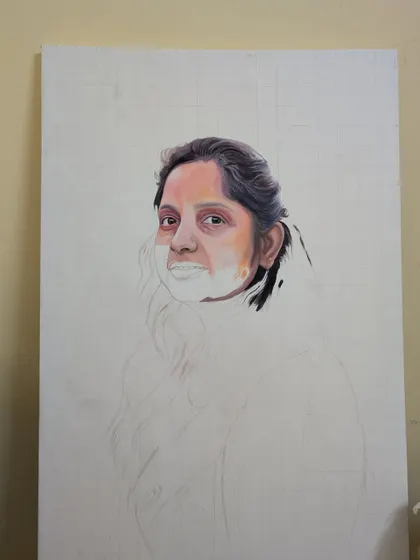 Capturing memories, one brushstroke at a time. This work-in-progress shot shows the early stages of an acrylic portrait, where the form and light are just beginning to emerge.