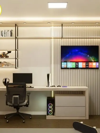 A teen's room with a study desk, TV, and open shelving for books and collectibles.