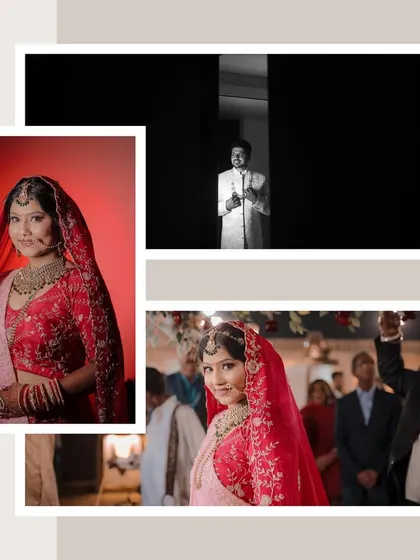 This collage captures the bride's journey to the main event, from her final getting ready moments to her graceful entrance, creating a beautiful narrative of anticipation.