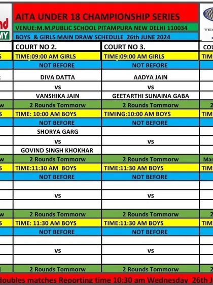 The Boys & Girls Main Draw schedule for the AITA Under 18 Championship Series from June 2024.