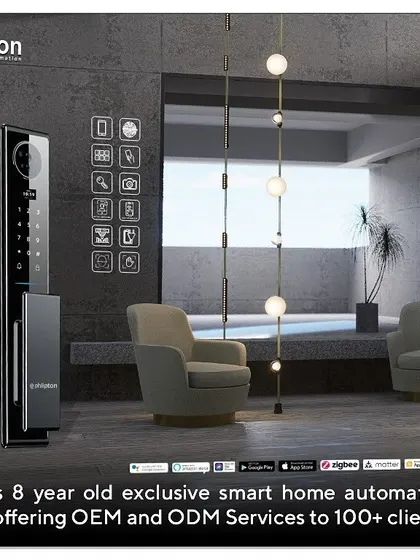 At the expo, I launched an exciting new range of smart door locks and Zigbee magnetic track lights. This image shows one of my premium locks displayed in a luxury setting.
