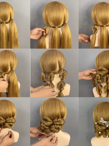 A step-by-step image tutorial for a beautiful low bun made from multiple braids.