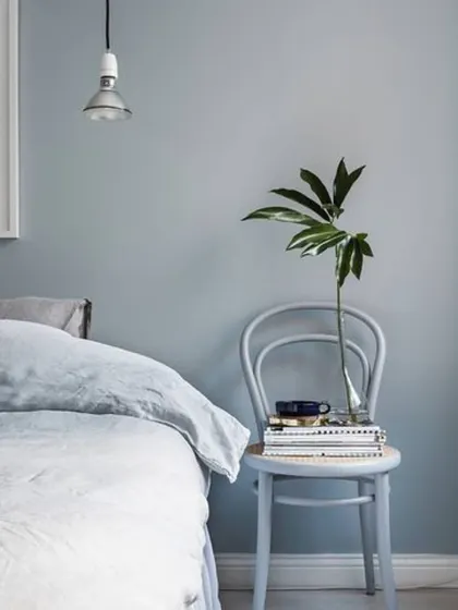 Simplicity at its best. This minimalist bedroom uses a single shade of dusty blue to create a cohesive and tranquil space, proving that you don't need complex schemes for a beautiful result.
