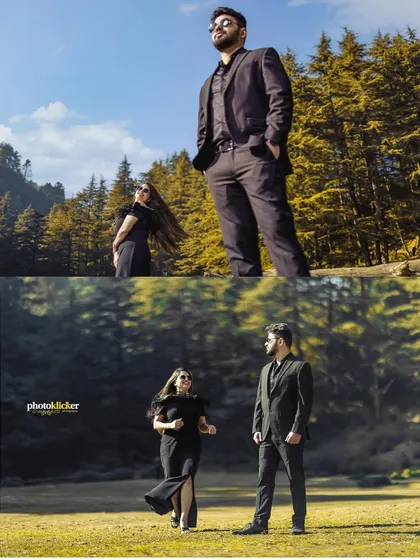A collage of a couple in a forest clearing, featuring a powerful low-angle shot that emphasizes their presence in the grand landscape.