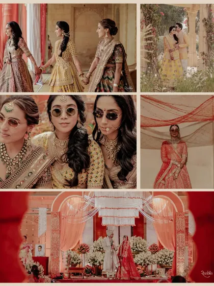 A collage of vibrant moments from Riya and Anshil's Jaisalmer wedding, showcasing the range of events and emotions we captured for their Vogue India feature.
