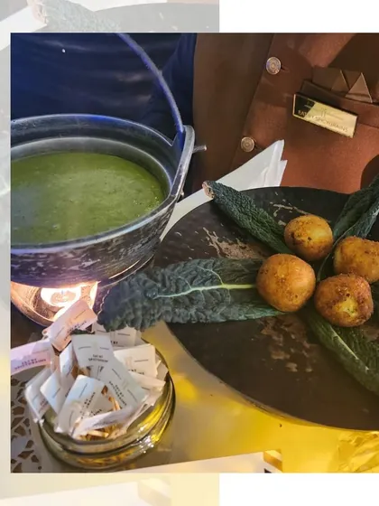 A rustic and hearty dish of Sarson da Saag with Makki di Roti, served from a traditional iron pot.