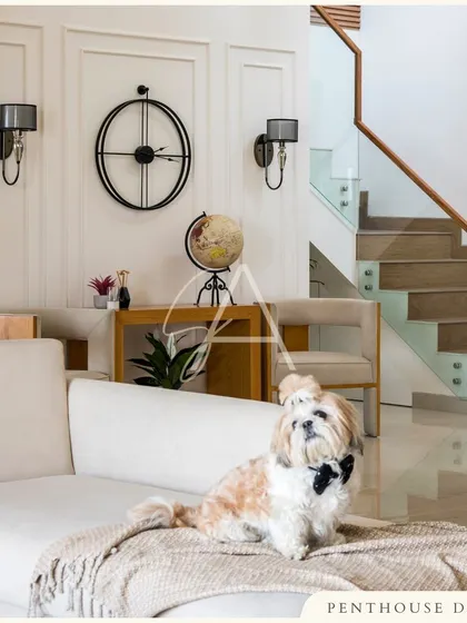 Even our furry friends approve of the cozy atmosphere. This living room combines a comfortable sofa, soft textures, and classic decor elements like the wall sconces and globe for a timeless, inviting feel.