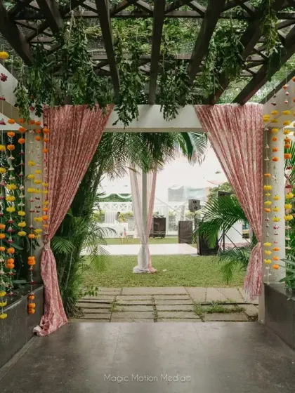 A vibrant and comfortable lounge area for the Mehendi. We paired colorful floral tablecloths with elegant seating and soft drapes to create a space that was both festive and relaxing for guests.