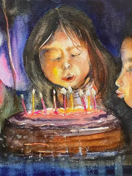 Birthdays are always special. This watercolor painting captures the universal joy of blowing out candles on a birthday cake, a moment of pure happiness.
