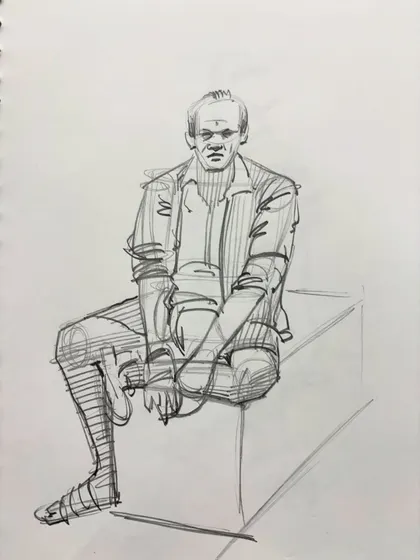 A sketch of a seated figure, showing how to use simple shapes to construct the pose before adding details.