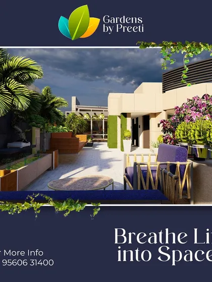 Our goal is to breathe life into spaces. This design concept for a modern terrace uses a mix of purple furniture, vertical green panels, and a variety of planters to create a vibrant and energetic rooftop garden.