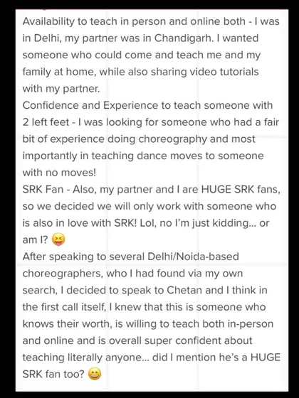 This review highlights our flexibility with both in-person and online teaching, and our ability to teach literally anyone. And yes, I am a huge SRK fan.