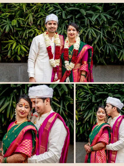 A collage celebrating a beautiful inter-caste Maharashtrian wedding. It captures the joy of their rituals and the love that beautifully blends their two cultures.