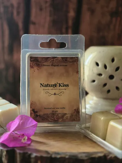 A close-up of the 'Nature Kiss' wax melt packaging. Each pack contains several cubes, giving you many hours of fragrance.