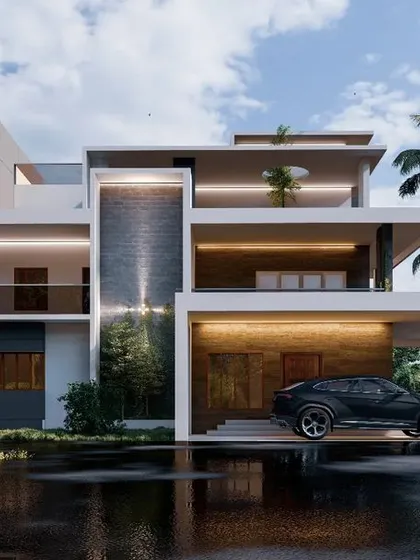 A different view of the same North Karnataka proposal, showing how the building is designed to sit within its natural, watery landscape. The combination of white structure, dark accents, and water reflections creates a serene and impressive image.