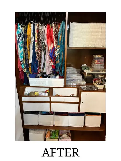 After: The "Her" side transformed. We used bins, shelf dividers, and smart folding to create a system where everything is visible and accessible.