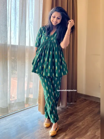 Another look at our bestselling Ikat co-ords in a vibrant green. This set is perfect for celebrating in style, offering both comfort and a touch of festive elegance.