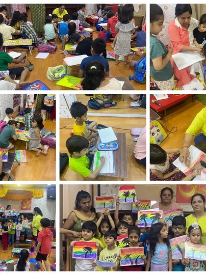 A glimpse into the focused and fun atmosphere of our summer camp. Kids are seen working on their rainbow landscapes, getting guidance from teachers, and celebrating their finished work.