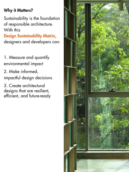 This graphic explains why our Design Sustainability Matrix matters. It empowers designers to measure environmental impact and create resilient, efficient, and future-ready buildings.