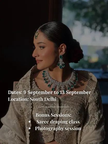All the details for my upcoming masterclass, including dates, location, and bonus sessions on saree draping and photography. Seats are limited!