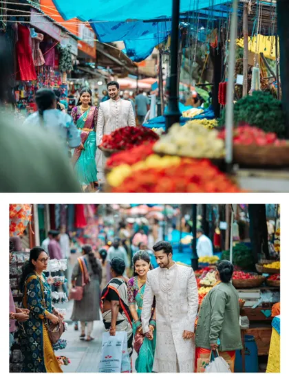 This collage captures the couple walking through a busy market, with the foreground and background creating a sense of depth and real-world romance.