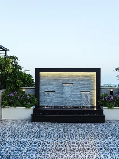 A 3D render focusing on the water feature for the Houz Khas terrace. This allows the client to visualize the soothing effect of the fountain and the surrounding plants.