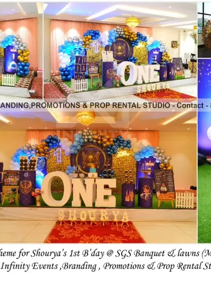 We designed an "Eagle Royal Prince" theme for this first birthday at SGS Banquets & Lawns. The grand setup includes a gold sequin backdrop, a blue and gold balloon arch, an eagle crest, and a custom milestone board, creating a unique and powerful royal theme.