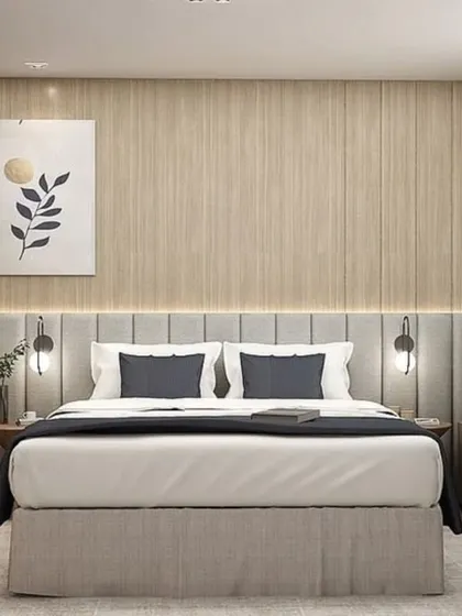 A frontal view of the bed, showing the clean lines and the calming, neutral color palette.
