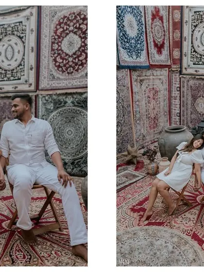 A diptych from the carpet-themed studio shoot, showing both a playful and a romantic pose.