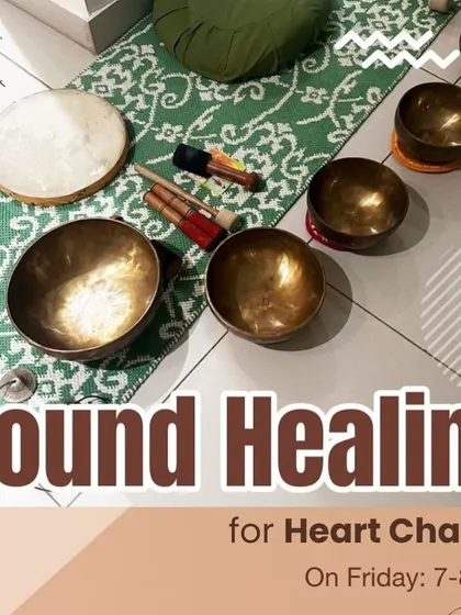 A close-up of the tools we use for our Heart Chakra Sound Healing sessions, including Tibetan singing bowls and a shamanic drum, all set up for an evening of emotional release and balance.