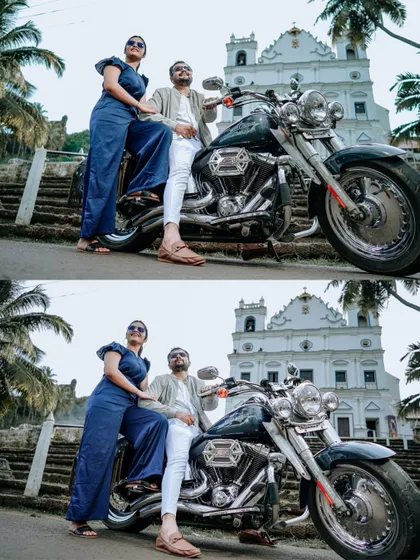 A two-panel shot showing the couple posing with a motorcycle in Goa, highlighting their edgy and fashionable side.