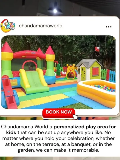 This graphic, designed to look like an Instagram post, showcases a beautiful outdoor playzone with a bouncy castle, playhouse, and a small ball pit, all on colorful matting.
