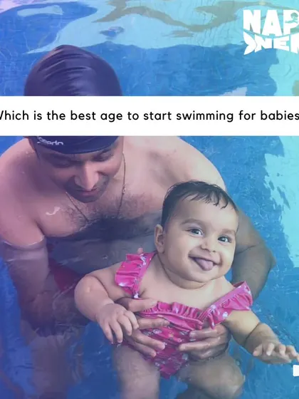 A happy baby in the pool, illustrating the perfect age to start swimming lessons.
