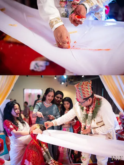 A collage showing the Sindoor Daan ritual, a sacred and pivotal moment in a Hindu wedding ceremony.
