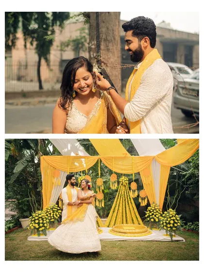 Capturing both the playful, candid moments and the beautifully staged portraits is key to a complete wedding album. This collage shows a mix of styles from a Haldi ceremony.