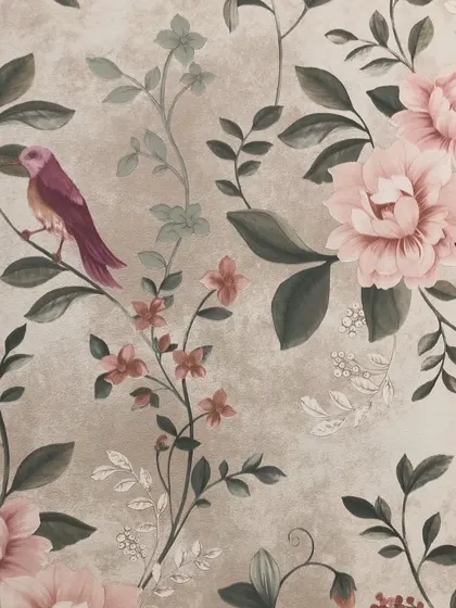 A close-up of a vintage-style wallpaper featuring pink peonies and a small bird. The textured background adds to the classic feel.