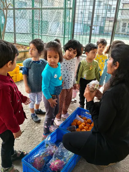 Discovering new fruits like dragon fruit and oranges at the market. We encourage children to ask questions and learn about the variety of foods available.