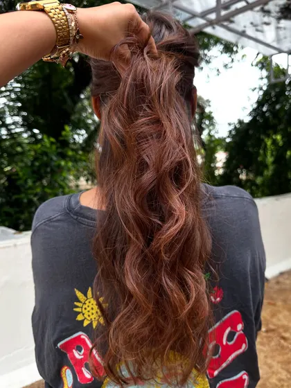The ponytail view of the 'Almond Brown' look.
