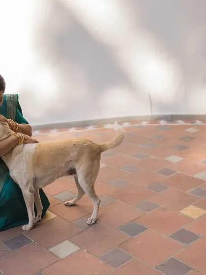 A bride sharing a quiet, loving moment with her dog. Pets are family too, and I love including them in the story.