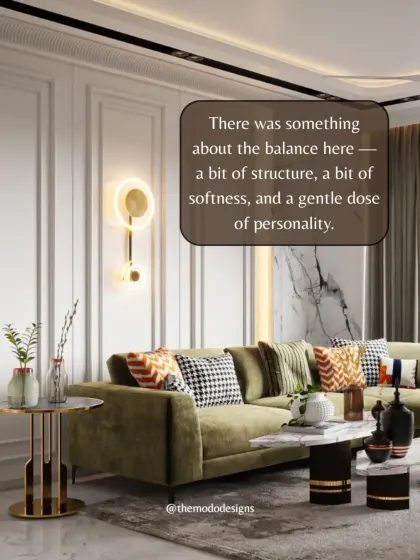 There is something special about the balance we achieved here. A bit of structure from the wall paneling, a bit of softness from the plush sofa, and a gentle dose of personality through color and pattern.